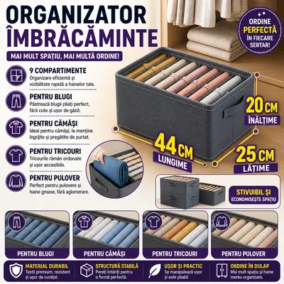 Organizator imbracaminte cu 9 compartimente pentru blugi, pulovere, camasi, 44x25x20 Gri
