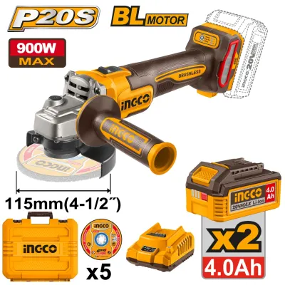 Flex Unghiular Profesional 20V 115mm 900W Brushless INGCO CAGLI261522E, 3000/6000/9000 rpm, filet M14, 2 acumulatori 4Ah + incarcator + accesorii incluse