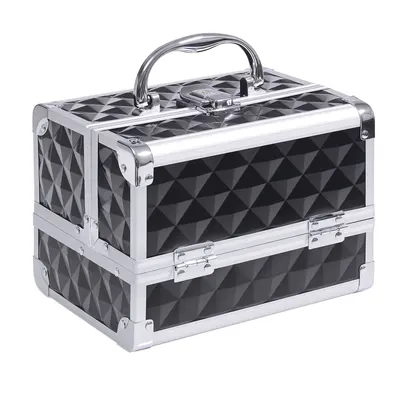 HOMCOM Geantă de machiaj depozitare la 3 nivele cu oglindă lacăt cu 2 chei dim. 20L x 15l x 15H cm negru | Aosom Romania