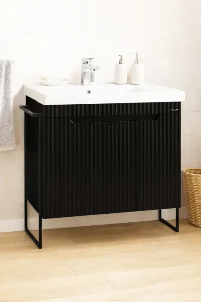 Set Baza front MDF si Lavoar seria 733, cadru metalic, montata, 80 cm, negru