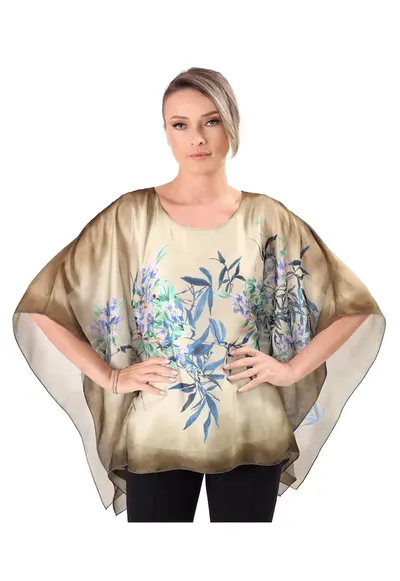 Bluza eleganta tip fluture din voal imprimat BXG-EYK - Kaki - 2XL