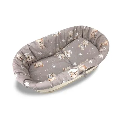 Set pentru landou/cosulet, MimiNu, Cu protectie, saltea si pernuta, Din bumbac certificat Oeko Tex Standard 100, Bedtime story beige