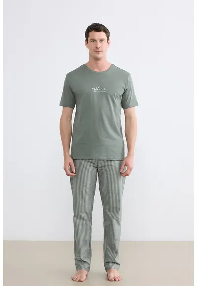 Pijama din bumbac cu pantaloni lungi cu model in dungi - Verde feriga
