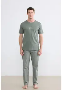 Pijama din bumbac cu pantaloni lungi cu model in dungi - Verde feriga
