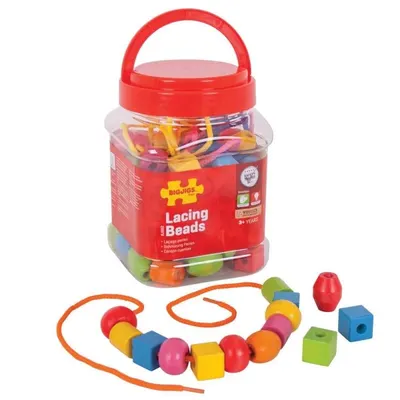 Set creativ Bigjigs - Borcan cu margele din lemn