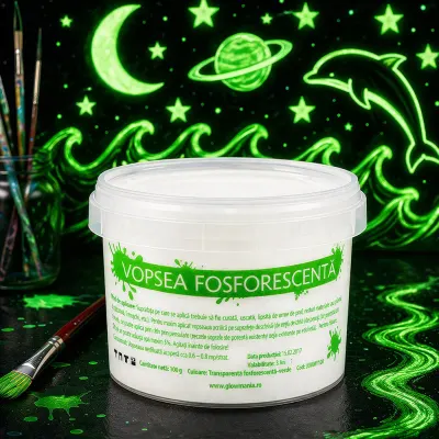 Vopsea glow in the dark fosforescenta, luminescenta, transparenta care lumineaza verde