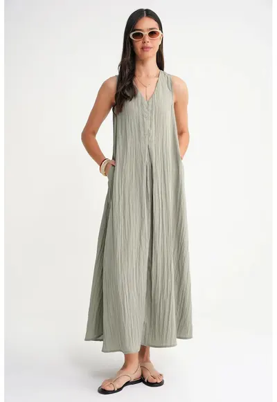 Rochie Maxi Decolteu in V - Verde salvie - Textil