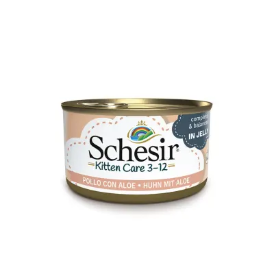 SCHESIR Baby Kitten, Pui și Aloe Vera, conservă hrană umedă pisici junior, (în aspic), 85g