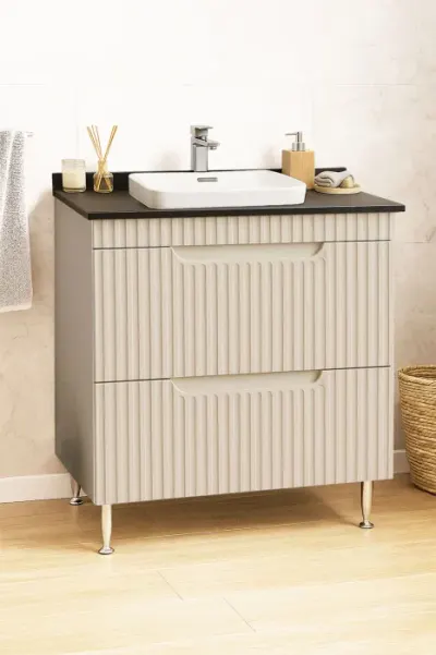Set Baza front MDF si Lavoar seria 633, cu sertare, montat, 80 cm, crem