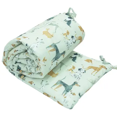 Protectie laterala pentru patut copii Kerstin Dogs 180 x 30 cm, cu doua fete, suprafata din bumbac 100, prindere cu panglici
