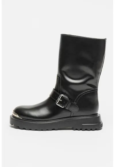Cizme mid-calf de piele cu aplicatie metalica - Negru/Argintiu