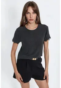 Tricou dama - tricou cu guler rotund - maneca scurta - gri inchis - regular fit
