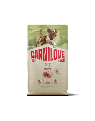 Hrană pui câine CARNILOVE True Fresh Dog Duck Puppies 4 kg cu rață