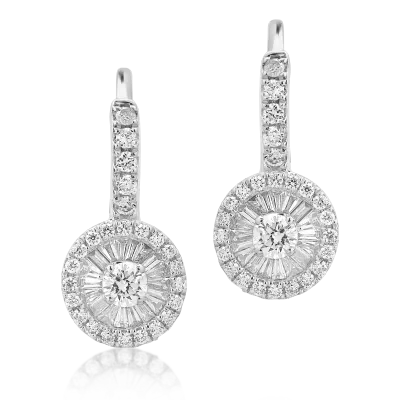Cercei din aur alb cu diamante baguette si rotunde de 0.48ct