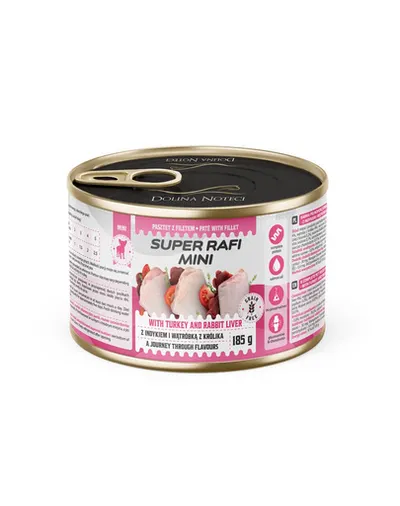 SUPER RAFI Mini cu curcan și ficat de iepure 185 g hrană umedă pentru câini de talie mică