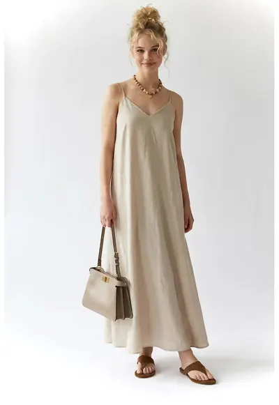 Rochie Maxi Femei Tip A - Crem - Sifon - Captusita