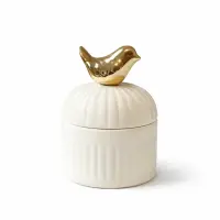 Lumânare parfumată din ceară de soia 135 g în vas ceramic cu capac decorativ și pasăre aurie - Trandafir de Damasc & Santal