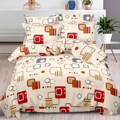 Lenjerie pat dublu cu ELASTIC, Finet, 6 piese, Bej, forme geometrice