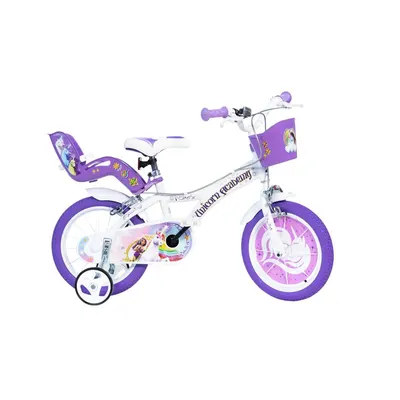 Bicicleta copii, Dino Bikes, Unicorn Academy, Roti ajutatoare, Cosulet frontal, Scaunel pentru papusi, 14 inch, Cadru din otel, Pana la 115 cm, Mov