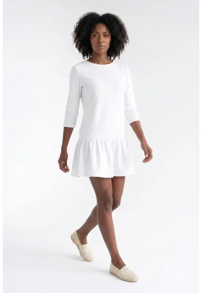 Rochie casual mini evazata cu decolteu rotund si maneci 3/4 - din bumbac - fara inchidere - M1374 - Ecru