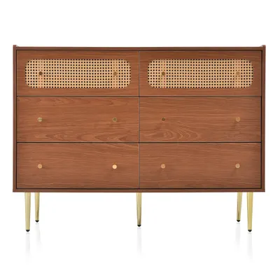 Comodă vintage cu 6 sertare și detalii din ratan, mânere din metal pentru dormitor și living, 120x40x90 cm, Culoare naturală