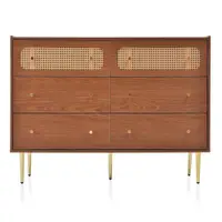 Comodă vintage cu 6 sertare și detalii din ratan, mânere din metal pentru dormitor și living, 120x40x90 cm, Culoare naturală