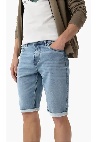 Blugi scurti cu mansete plisate - buzunare - Regular Fit - stone wash - E-Mext - albastru - Albastru