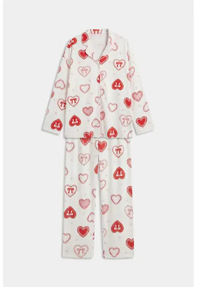 Pijama cu nasturi si inimi - Rosu/Alb