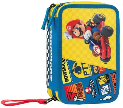 Penar cu rechizite Panini Super Mario - Mariokart Blue, 3 fermoare