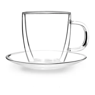 Set 2 pahare din sticlă cu perete dublu și farfurioară Vialli Design, 250 ml