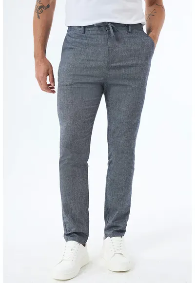 Pantaloni slim fit din amestec de bumbac si in - Albastru melange
