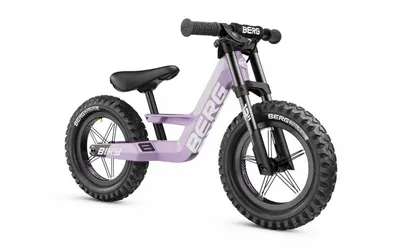 Bicicleta copii fara pedale Berg Biky Cross mov 12 inch, cu frana de mana, anvelope pneumatice, scaun reglabil pe inaltime, varsta 2,5-5 ani, inaltime utilizator 90-120 cm, greutate maxima utilizator 30 kg