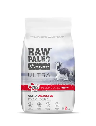 Hrană uscată pentru câini Raw Paleo Ultra Beef Medium&Large Puppy 2kg