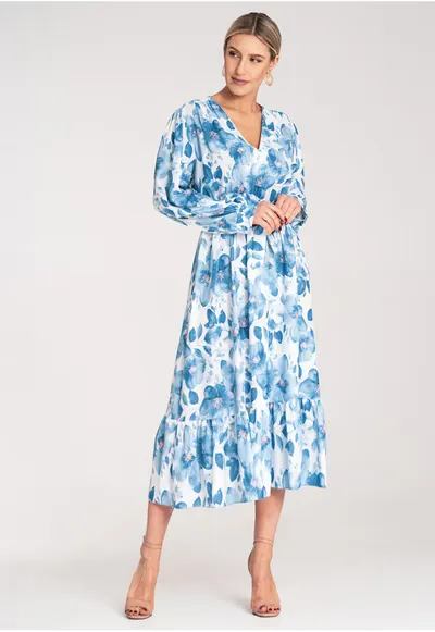 Rochie - florala - poliester - albastra - material usor