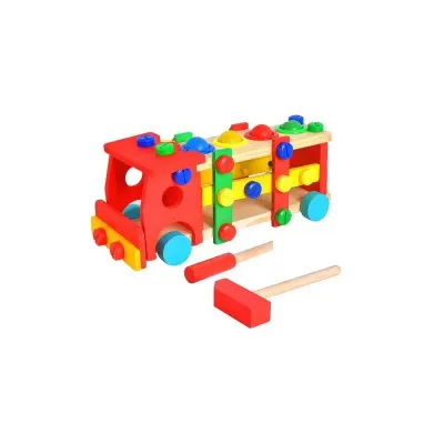 Camion din lemn, Montessori, surubelnita, bile colorate, ciocan, 29x10.5x11 cm, multicolor