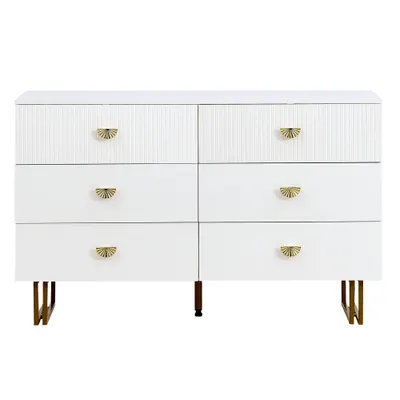 Comodă modernă cu 6 sertare, mânere tip evantai și picioare din oțel, mult spațiu de depozitare, 120x40x75 cm, Alb