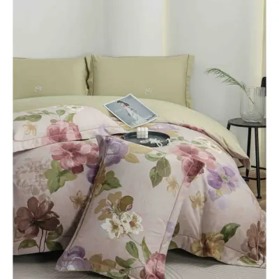 Lenjerie pat dublu, FINET DeLuxe, 6 piese, cu ELASTIC, Jojo Home, Cutie Eleganta, Lila, Verde, Flori