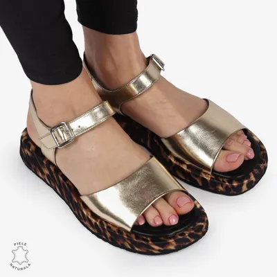 Sandale Dama Piele Naturala cu Talpa Imprimeu Leopard Crl1262 Auriu