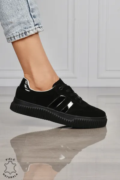 Pantofi Casual DAMA din Piele Naturala intoarsa, Model Retro CRL1531NEGRU