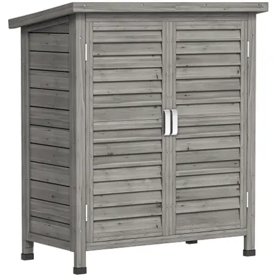 Outsunny Dulap de Grădină din Lemn de Brad cu Uși cu Obloane și 2 Polițe, 87x46,5x96,5cm, Gri | Aosom Romania