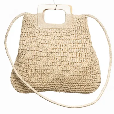 Geanta impletita crossbody, cu manere late din lemn, bej deschis