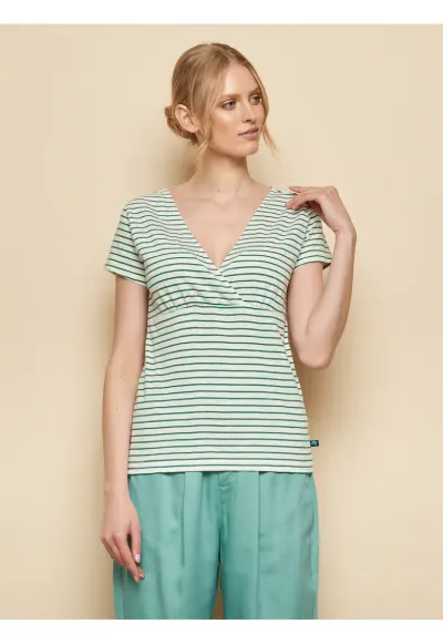 Tricou din bumbac organic cu model in dungi si decolteu