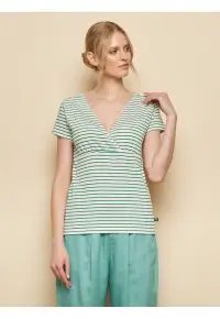 Tricou din bumbac organic cu model in dungi si decolteu