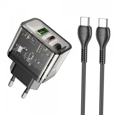 Incarcator Retea Cu Cablu USB-C HOCO N34, 20W, 3A, 1 x USB-A - 1 x USB-C, Transparent