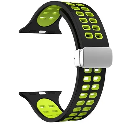 Curea Perforata cu Magnet pentru Apple Watch, Ajustabila, Silicon, Negru-verde - 38/40/41 mm Engros