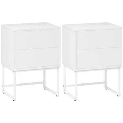 HOMCOM Set de 2 Noptiere Înguste cu 2 Sertare Deschidere la Presiune și Picioare din Oțel 40x30x55 cm Alb | Aosom Romania