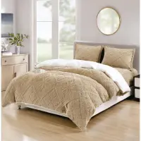 Lenjerie de Pat Dublu, CoCoLiNo Ultra Pufoasa, cu Blanita Sherpa Alba, 4 piese, Cearsaf cu ELASTIC, Model Traditional 3D, Bej nisipiu