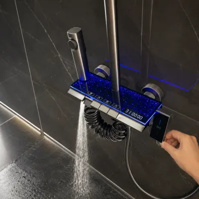 Coloana Dus LED cu Afisaj Digital Temperatura Gri/Alb Sistem Hidromasaj