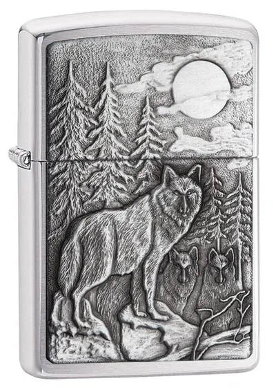 Bricheta Zippo Brushed Brass, lupi de padure