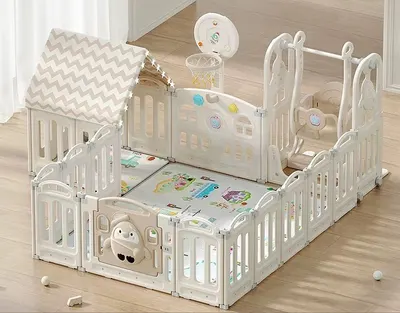 Gardulet loc de joaca Nichiduta Garden Happy House Beige interiorexterior 150X180cm cu margini rotunjite, poarta de siguranta, leagan, casuta si cos de baschet